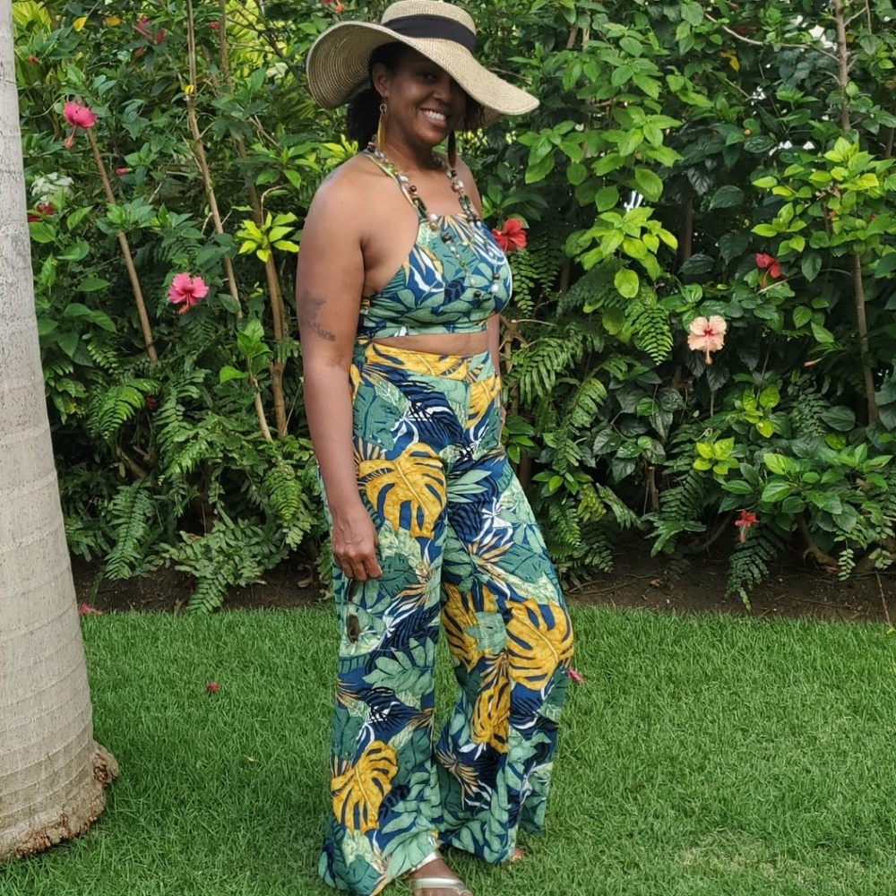 NWT 2pc Tropical Jumpsuit - Halter Top, Wide Legs - Picture 2 of 8
